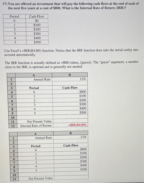  please answer using excel and explain 17) You are offered an
