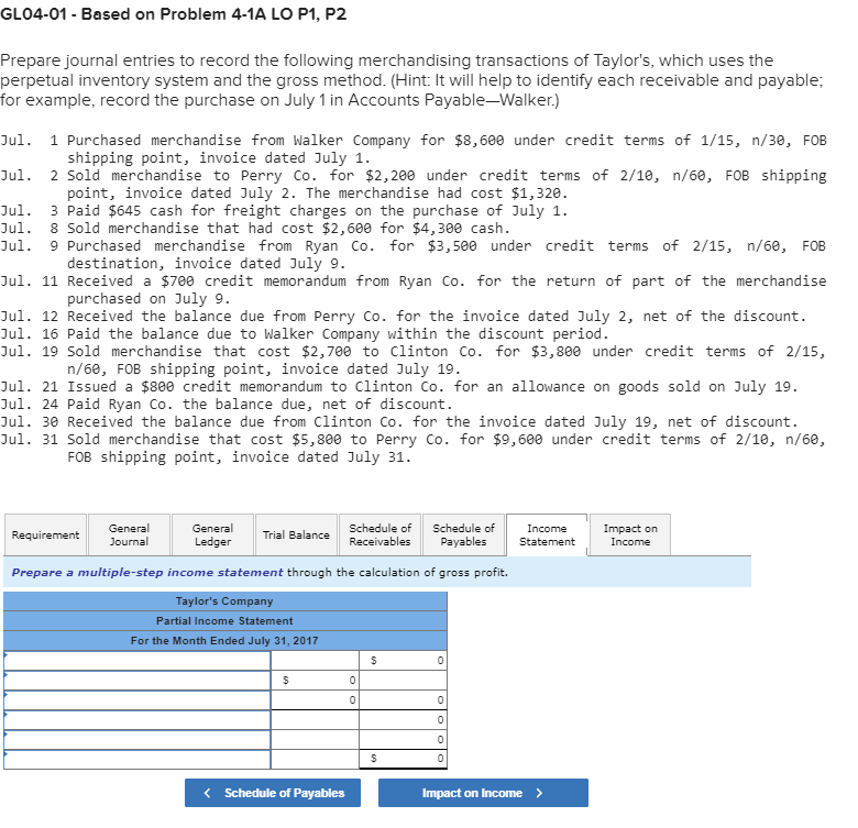  GL04-01 - Based on Problem 4-1A LO P1, P2 GL04-01 -