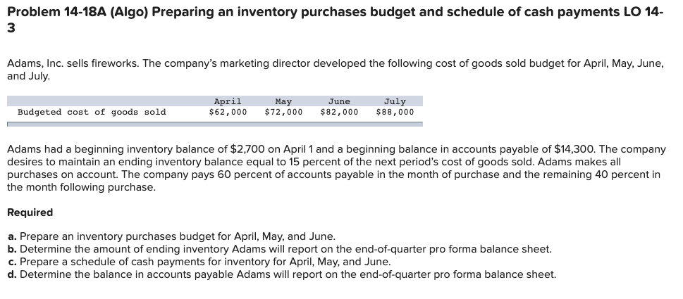  Problem 14-18A (Algo) Preparing an inventory purchases budget and schedule of