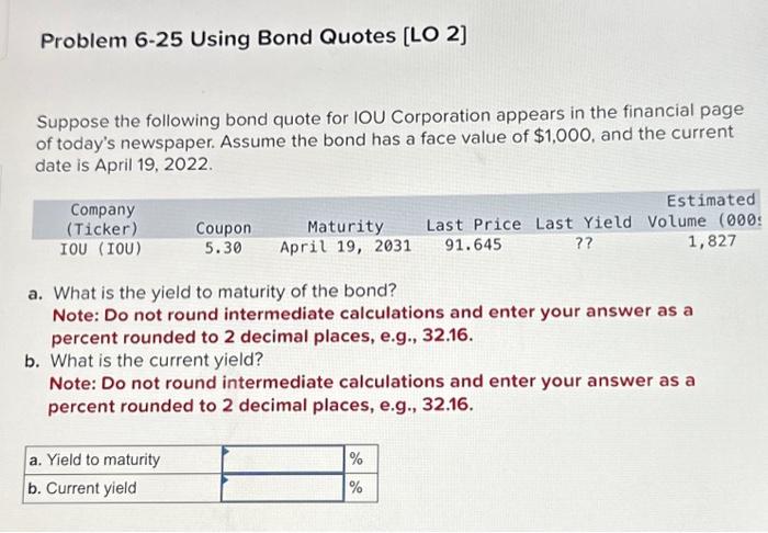  Problem 6-25 Using Bond Quotes [LO 2] Suppose the following bond