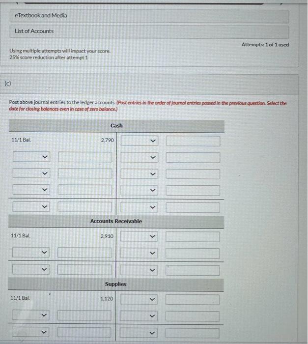 attempt 1 Post above journal entries to the ledger accounts. (Post entries