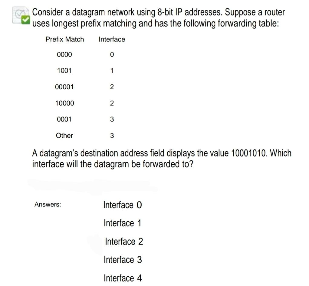  Consider a datagram network using 8-bit IP addresses. Suppose a router