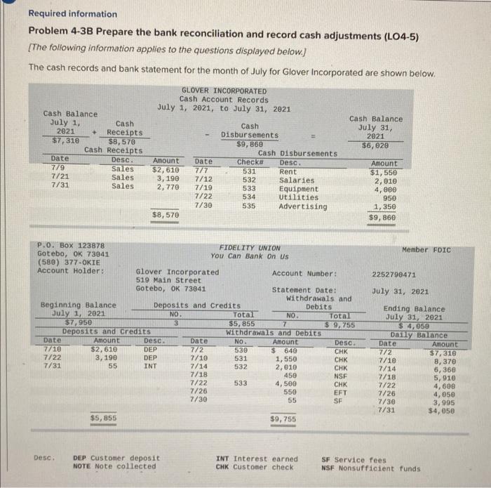  Required information Problem 4-3B Prepare the bank reconciliation and record cash