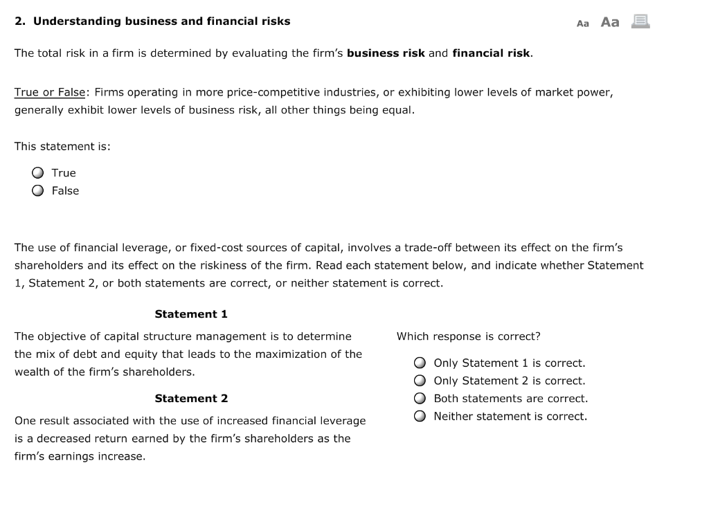  2. Understanding business and financial risks Aa Aa E The total