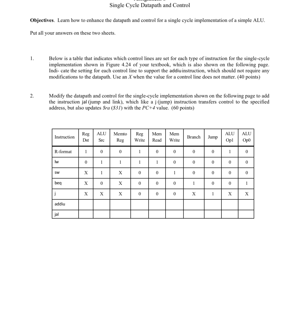  Single Cycle Datapath and Control Objectives. Learn how to enhance the