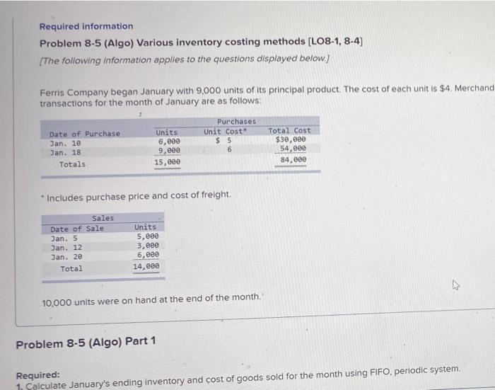  Required information Problem 8-5 (Algo) Various inventory costing methods (LO8-1, 8-4)