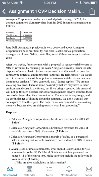  No Service 6:01 PM * 70% KAssignment 1 CVP Decision Makin...