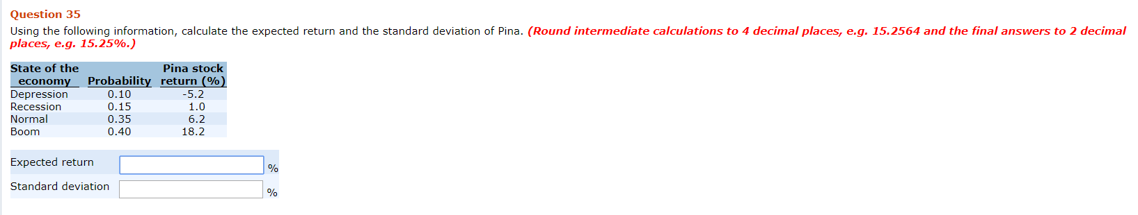Question 35 Using the following information, calculate the expected return and