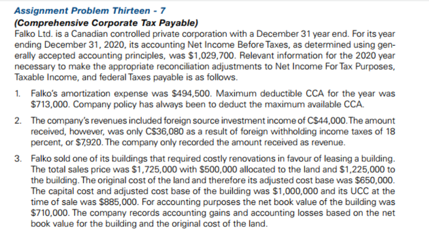 Assignment Problem Thirteen - 7 (Comprehensive Corporate Tax Payable) Falko Ltd.