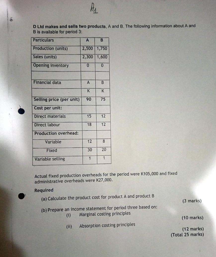 D Ltd makes and sells two products, A and B. The