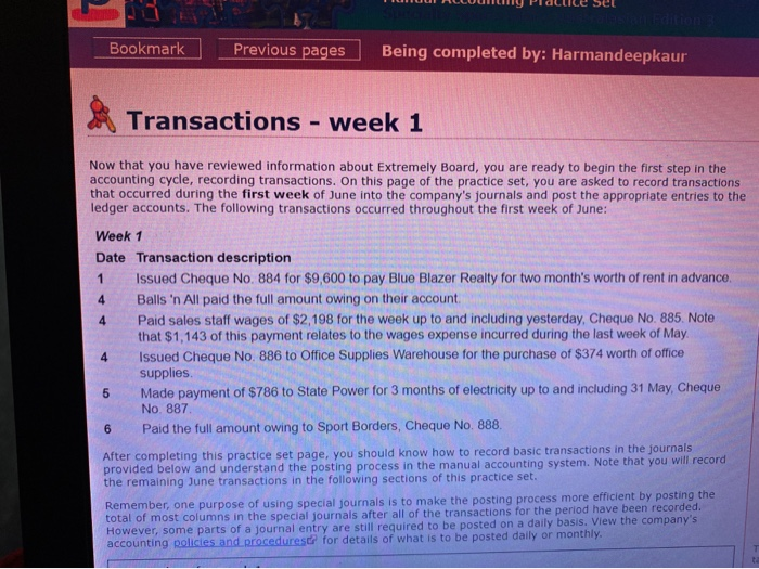  Set Bookmark Previous pages Being completed by: Harmandeepkaur Transactions - Week