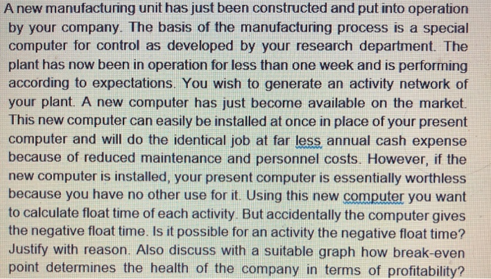  A new manufacturing unit has just been constructed and put into