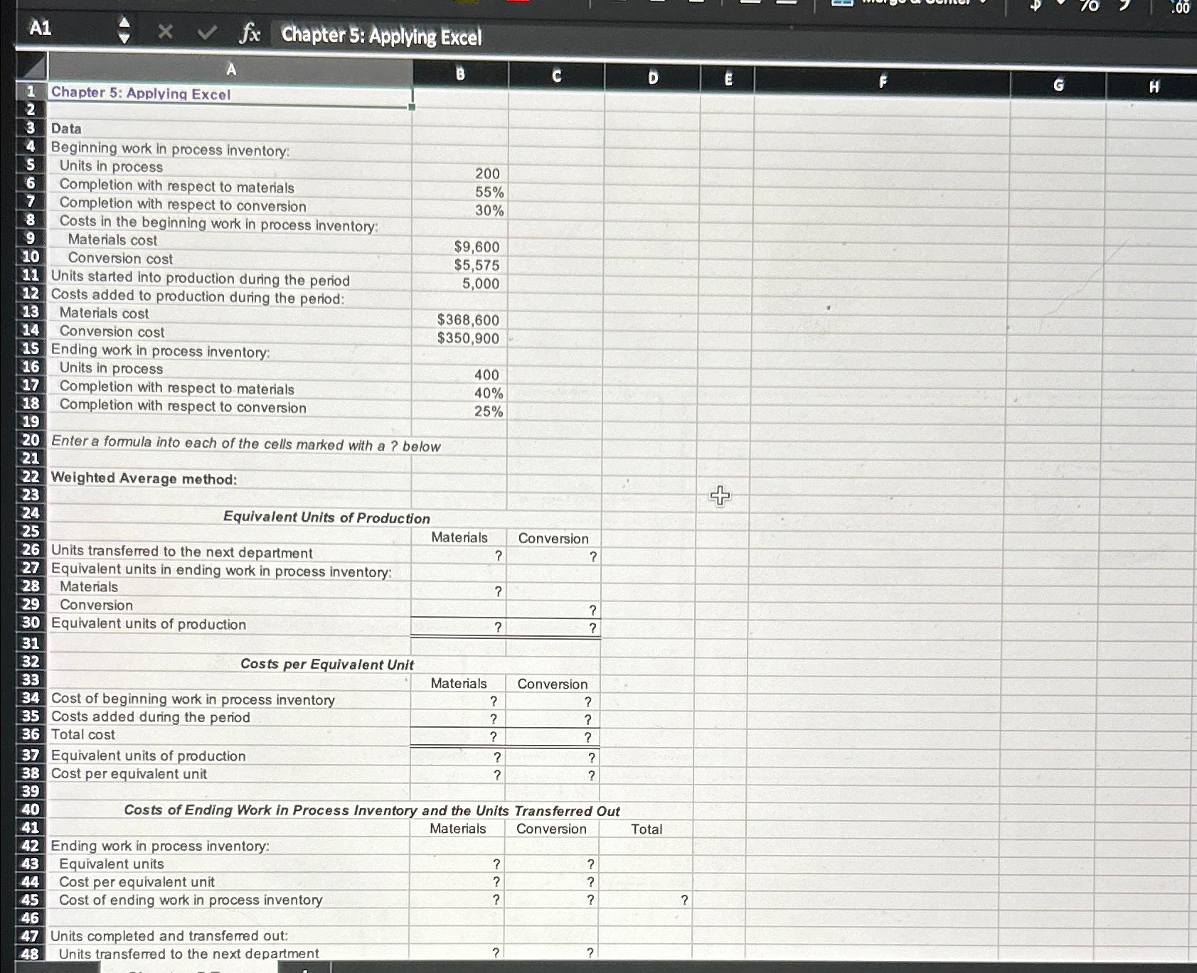  A1 fx Chapter 5: Applying Excel 