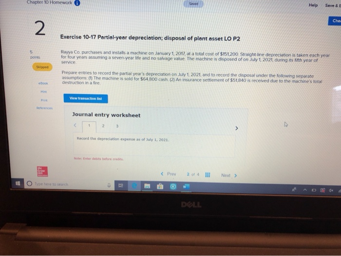  Chapter 10 Homework Help Save & E Ches Exercise 10-17 Partial-year