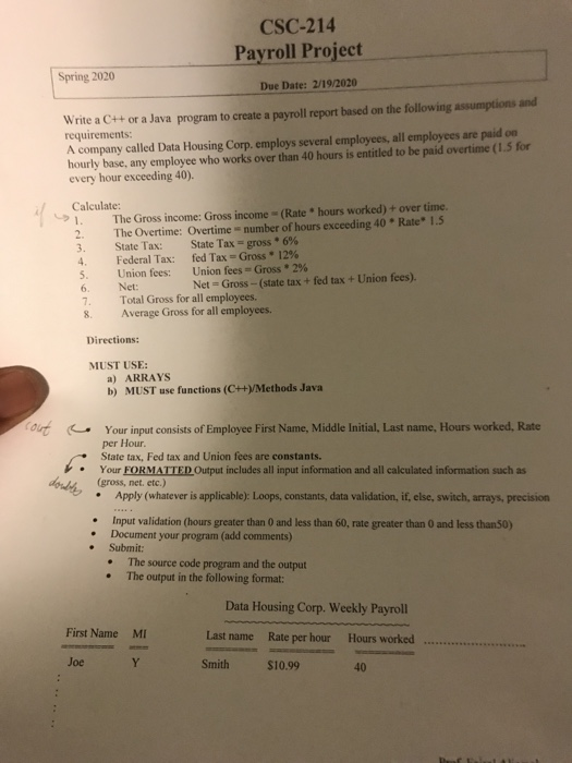  please do in C++ CSC-214 Payroll Project Spring 2020 Due Date: