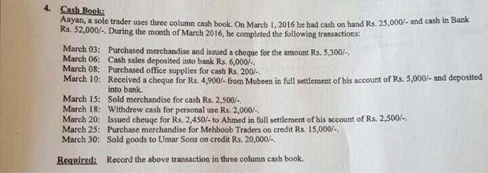 Please do this Ayaan, a sole trader uses three column cash book.
