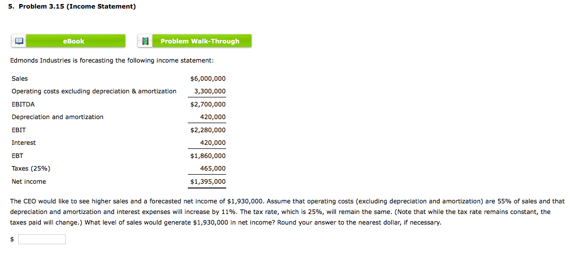 5. Problem 3.15 (Income Statement) eBook Problem Walk-Through Edmonds Industries is