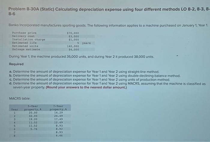  Problem 8-30A (Static) Calculating depreciation expense using four different methods LO