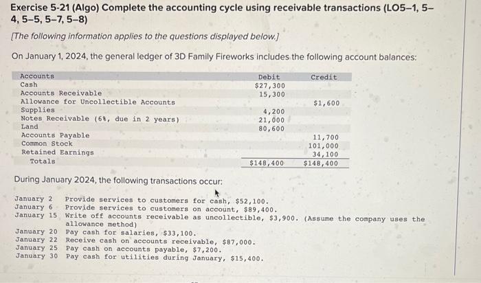  Exercise 5-21 (Algo) Complete the accounting cycle using receivable transactions (LO5-1,54,55,57,58)