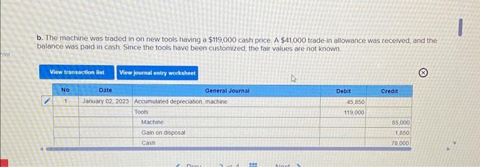 disposed of a machine that cost $85.000 and had been depreciated $45,850