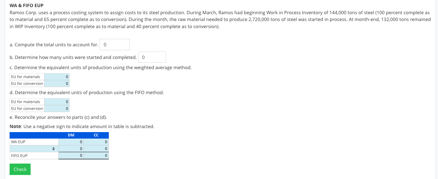 WA \& FIFO EUP Ramos Corp. uses a process costing system