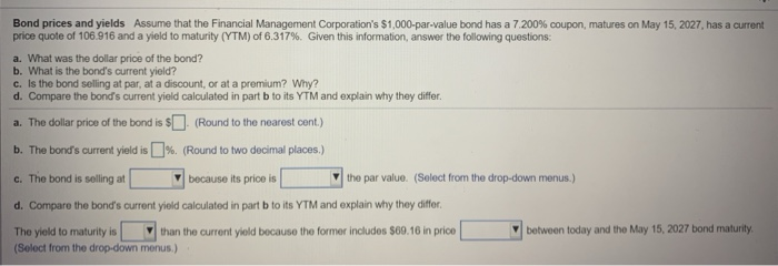  drop down options for c: a discount, par, a premium &