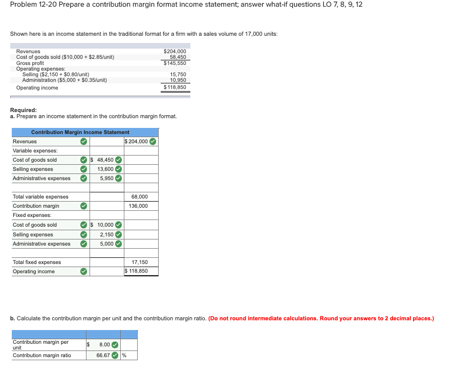  Problem 12-20 Prepare a contribution margin format income statement; answer what-if