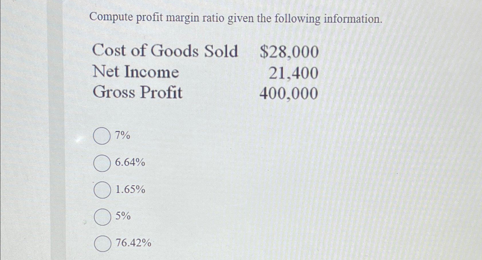  Compute profit margin ratio given the following information. \table[[Cost of Goods