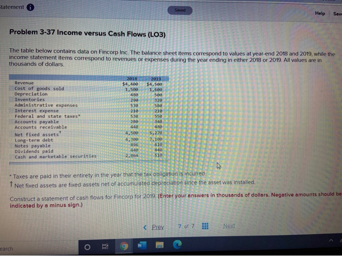  Statement Saved Help Save Problem 3-37 Income versus Cash Flows (L03)