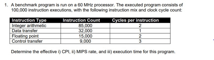  1. A benchmark program is run on a 60 MHz processor.