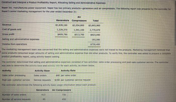  Naper Inc. Construct and Interpret a Product Profitability Report, Allocating Seling