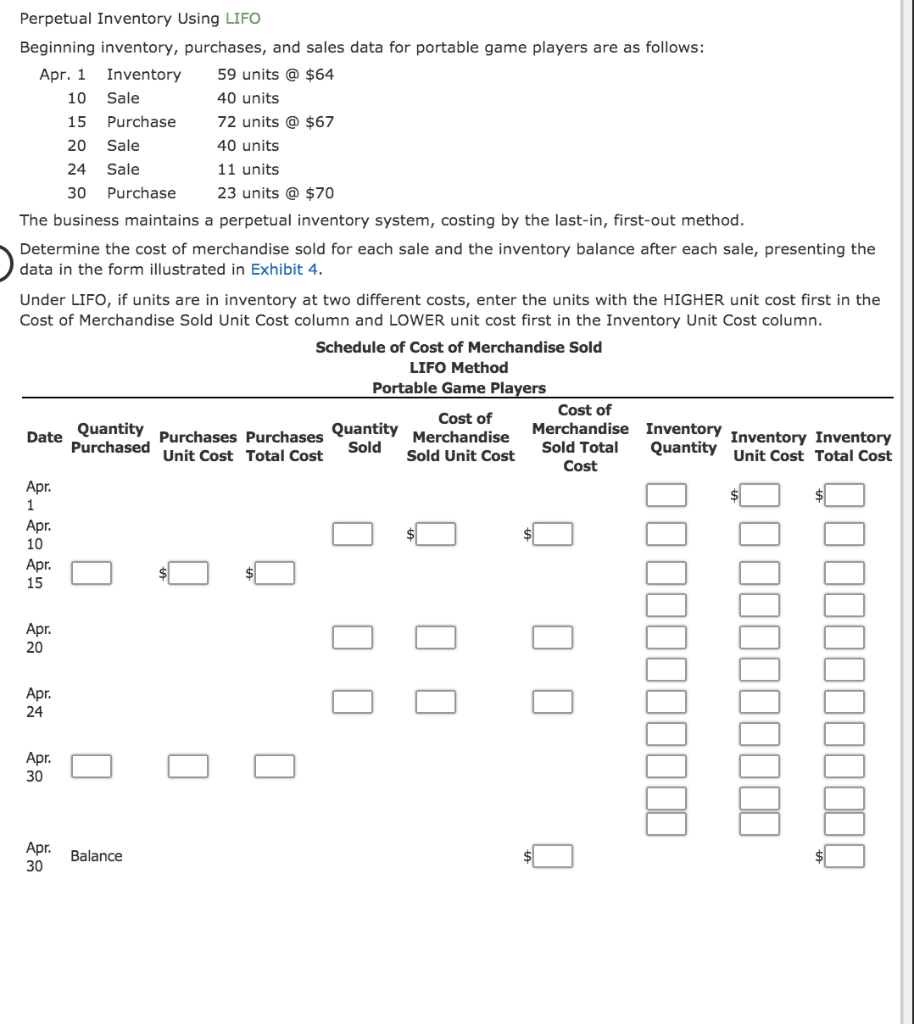  Perpetual Inventory Using LIFO Beginning inventory, purchases, and sales data for