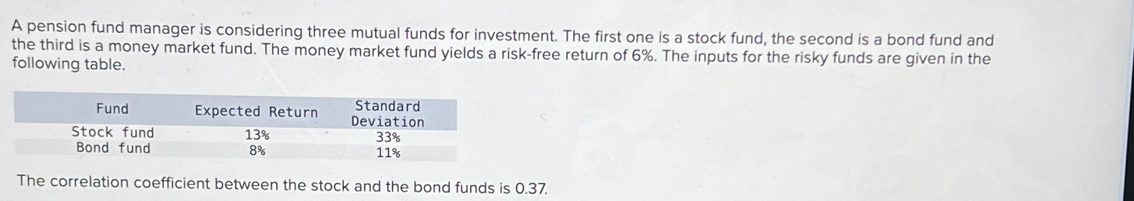  A pension fund manager is considering three mutual funds for investment.