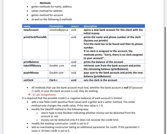 classes, different methods and use internal and external method calls. During this