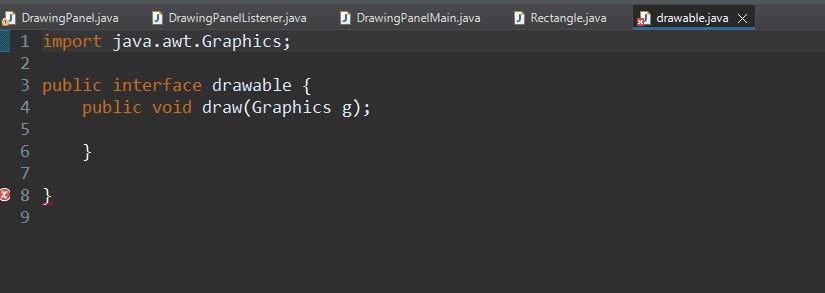 working program : https://www.youtube.com/watch?v=MOfqM-zy2r0 awingPanel.java DrawingPanelListener.java X J DrawingPanelMain.java J Rectangle.java import