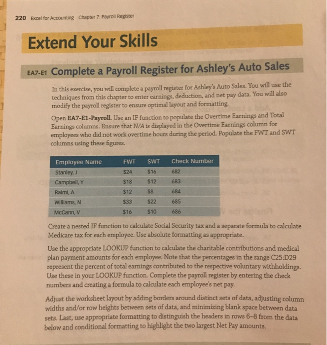  220 Excel for Accounting Chapter 7: Payroll Register Extend Your Skills