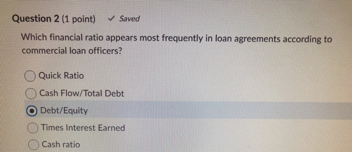 Question 2 (1 point) Saved Which financial ratio appears most frequently