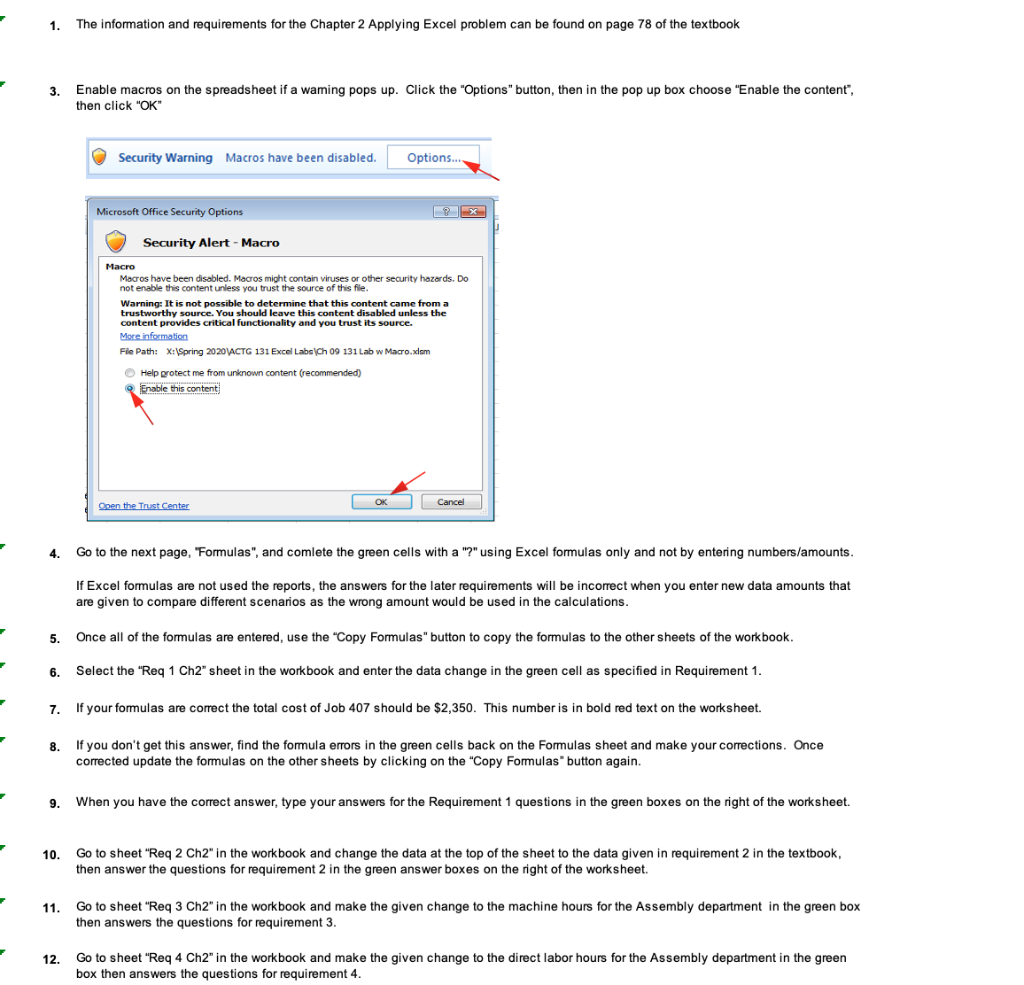  1. The information and requirements for the Chapter 2 Applying Excel