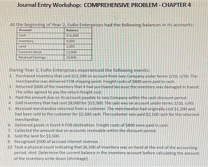 journal entry workshop need required C please and thank you! Journal Entry