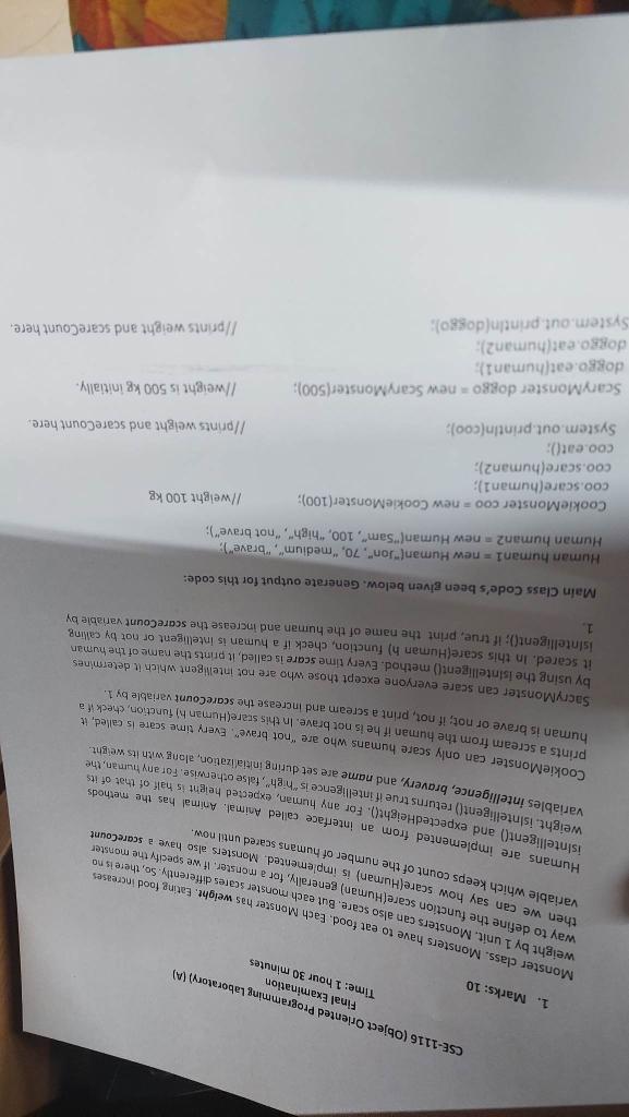  CSE-1116 (Object Oriented Programming Laboratory) (A) Final Examination Time: 1 hour