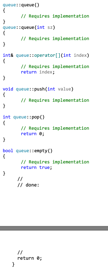 We were asked to fill out the queue.cpp file that contains different