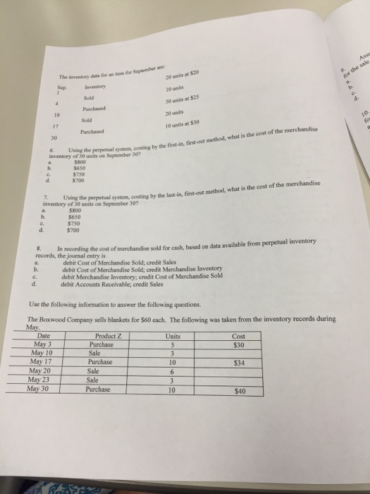  The inventory data for an item for September are: Using the