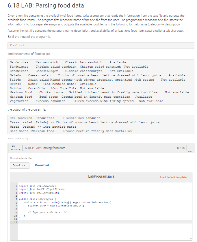  6.18 LAB: Parsing food data Given a text file containing the