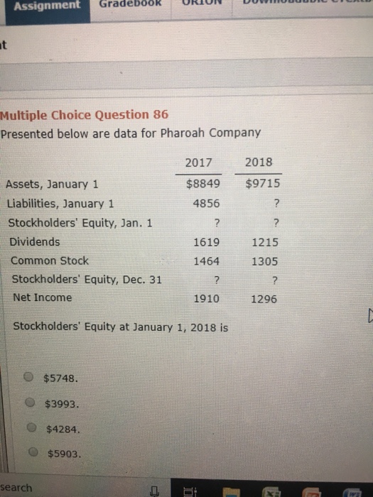  Assignment Gradebook RIO Multiple Choice Question 86 Presented below are data