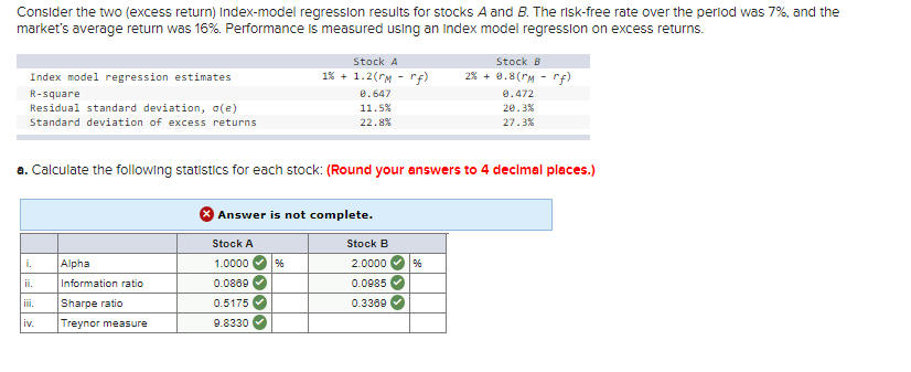  Consider the two (excess return) Index-model regression results for stocks A