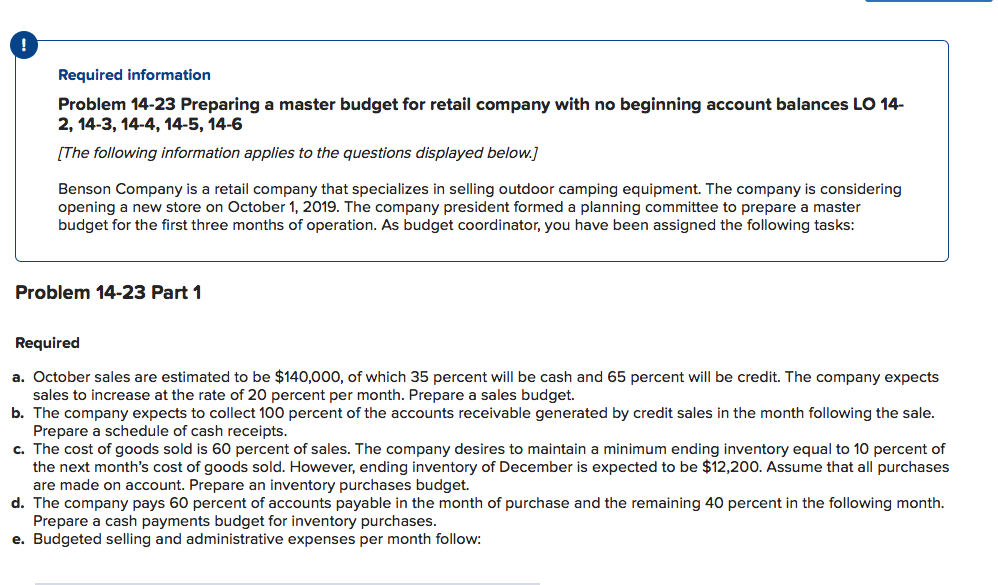 Required information Problem 14-23 Preparing a master budget for retail company