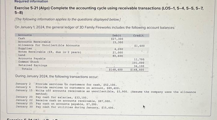 Exercise 5-21 (Algo) Complete the accounting cycle using receivable transactions (LO5-1,