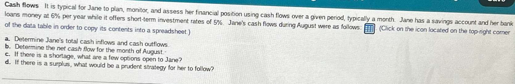  Data table \table[[Item,Cash inflow,Cash outflow],[Clothes,$1,100,],[Interest received,$450,],[Dining out,,$470 Cash flows It is