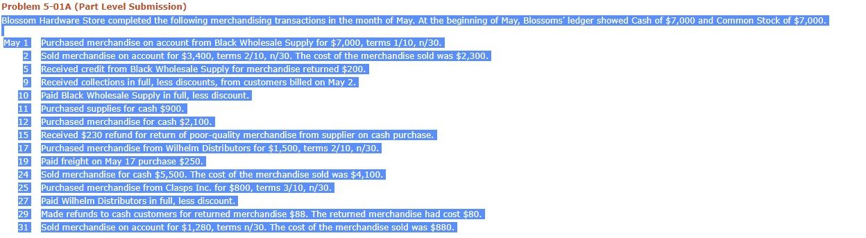  Problem 5-01A (Part Level Submission) Blossom Hardware Store completed the following