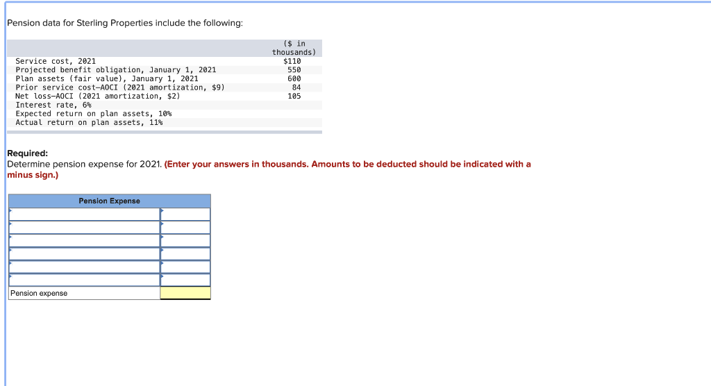 Pension data for Sterling Properties include the following: Required: Determine pension
